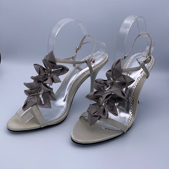 Luichiny Primal Silver Satin Bow Faux Gem Embellished Open Toe Ankle Strap Heels - Picture 3 of 7